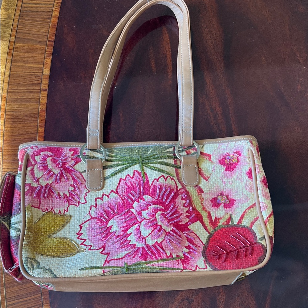 Floral Pink and Tan Bead-accented Women's Bag